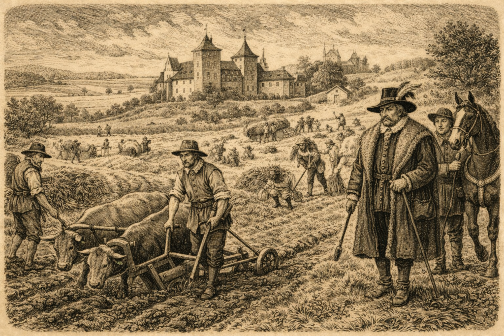 Dominikál Robotníci pracující na panském poli dominikálu pod dohledem vrchnosti.
