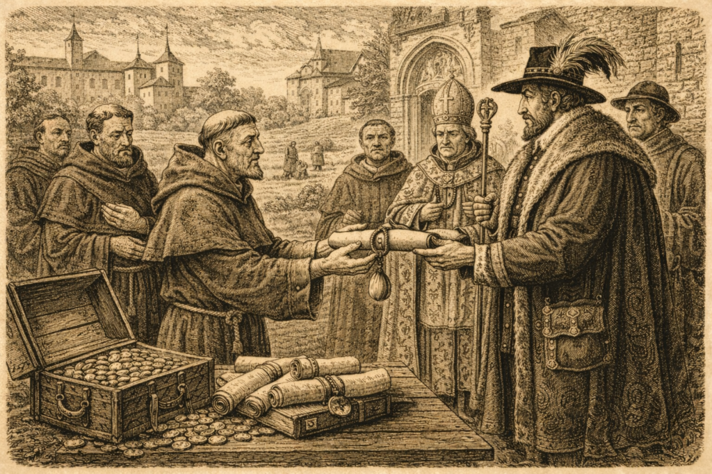 Donace Předání darovací listiny a majetku při středověké donaci.