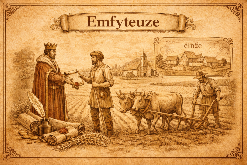 Emfyteuze Středověké hospodaření na půdě držené v emfyteuzi – sedlák na pronajatém poli s vesnickým sídlištěm v pozadí.