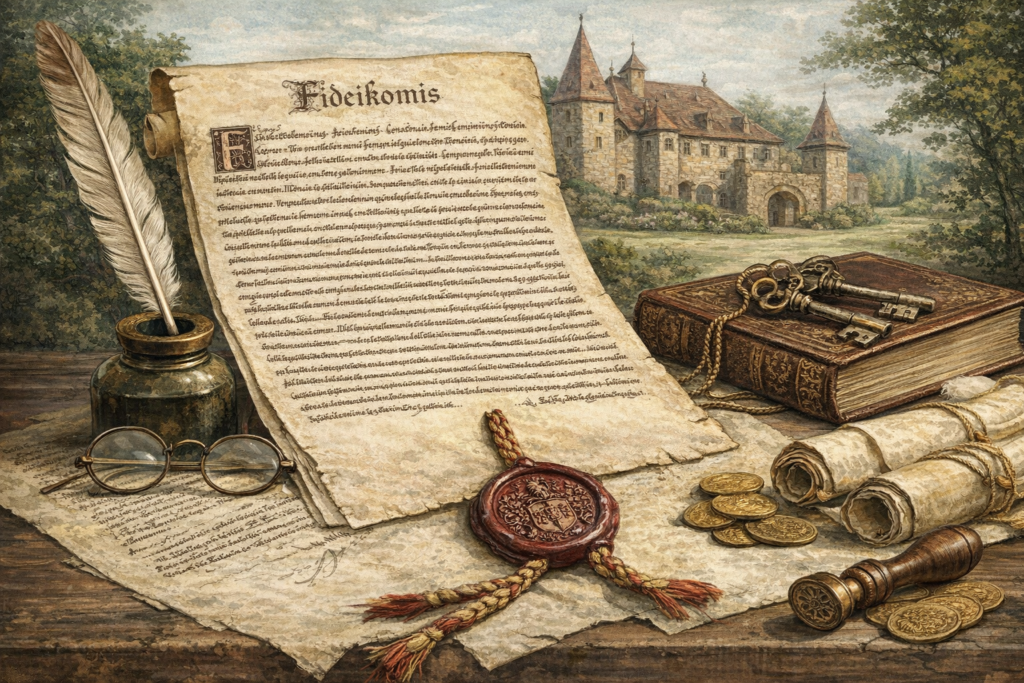 Fideikomis Historické sídlo šlechtického rodu a listiny symbolizující fideikomis jako rodové svěřenectví.