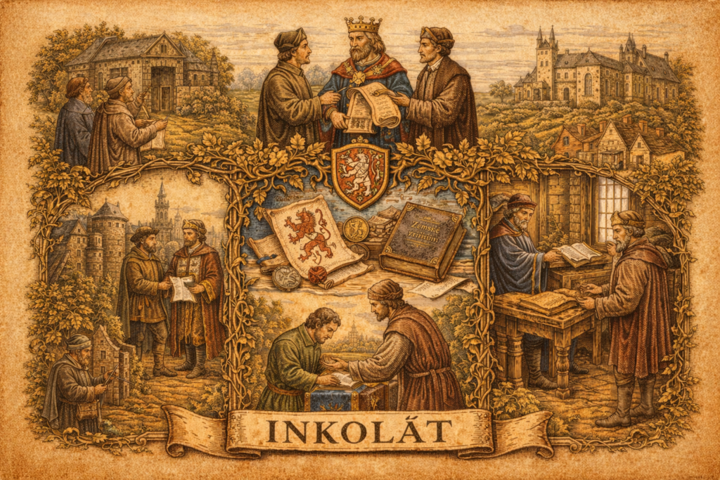 Inkolát Ilustrační obraz zobrazující udělení inkolátu králem a právní postavení obyvatel zemí Koruny české ve stavovském státě.