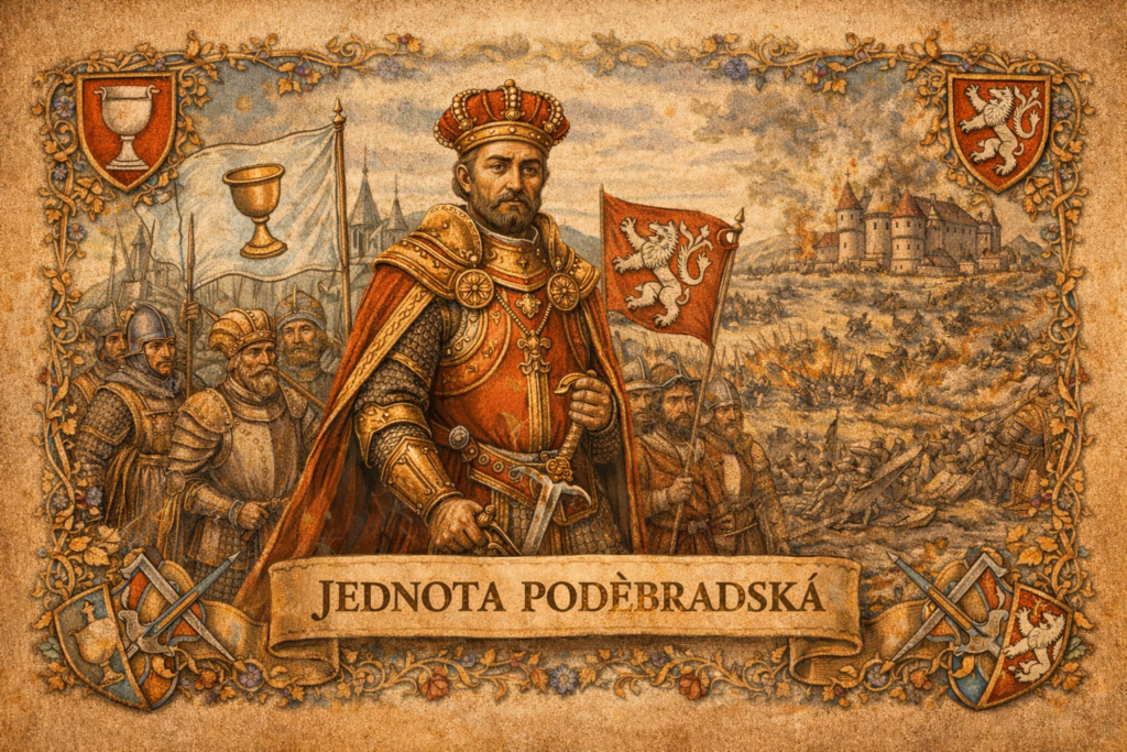 Jednota Poděbradská Ilustrační zobrazení Jiřího z Poděbrad a kališnického politického svazu v 15. století.