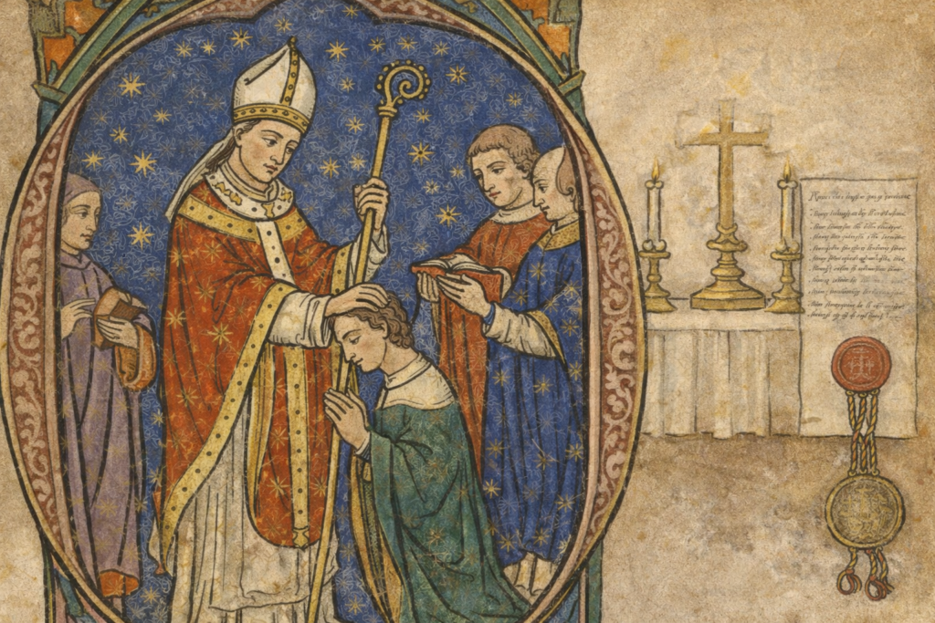 Komfirmace Středověká ilustrace znázorňující konfirmaci: biřmování udělované biskupem a papežské potvrzení biskupa pomocí listiny a pečeti.