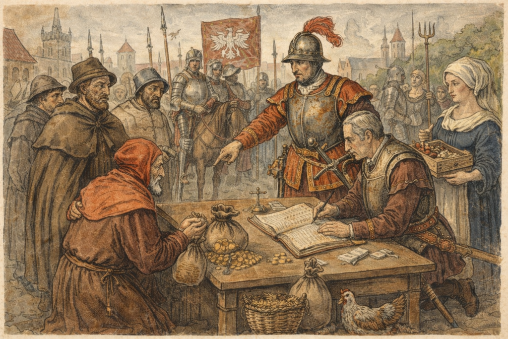 Kontribuce Středověká ilustrace znázorňující výběr kontribuce, kdy vojáci a úředníci vybírají peníze a naturálie od obyvatel.