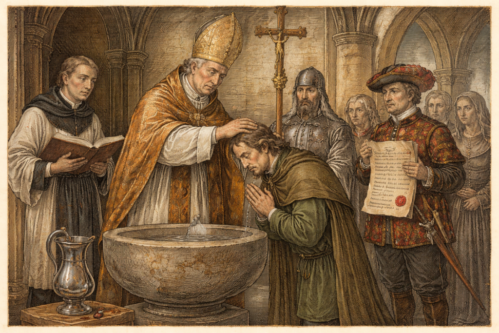 Konvertovat Historická ilustrace znázorňující obřad přijetí do nové církevní konfese, symbol konverze vyznání.