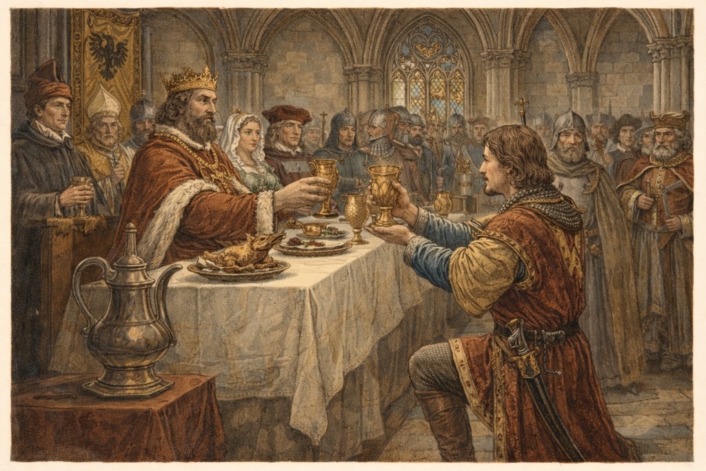 Královský číšník Středověká ilustrace znázorňující královského číšníka při dvorské hostině na panovnickém dvoře.