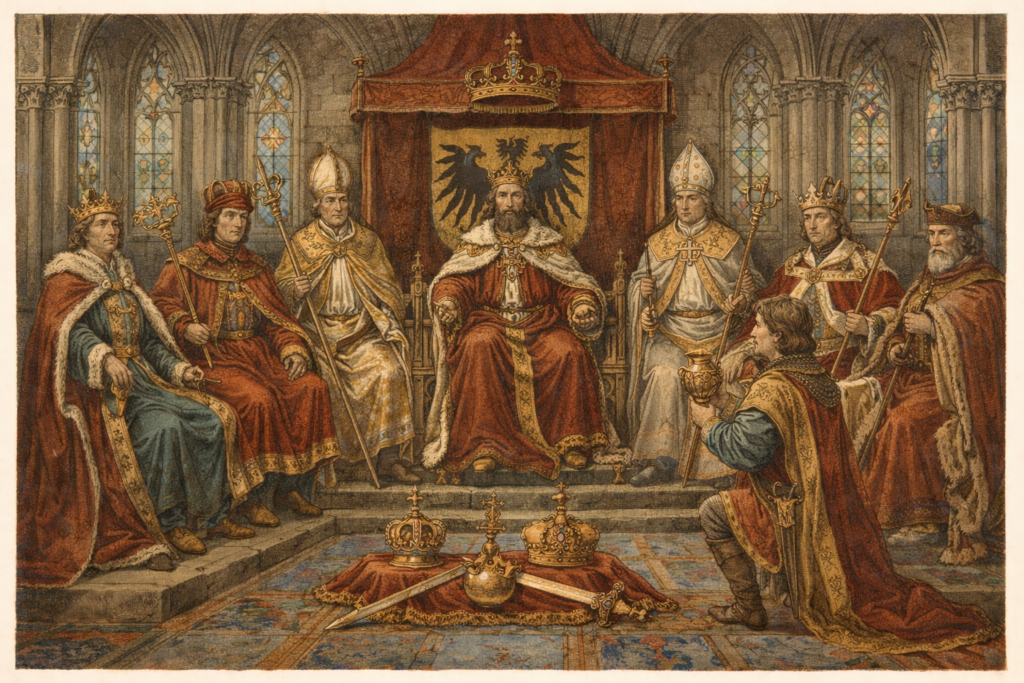 Kurfiřt Historická ilustrace znázorňující kurfiřta při říšském sněmu nebo ceremoniální události Svaté říše římské.