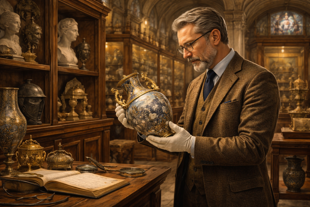 Kustod Kustod dohlížející na historické sbírky a rukopisy v klidném interiéru muzea nebo klášterní knihovny.