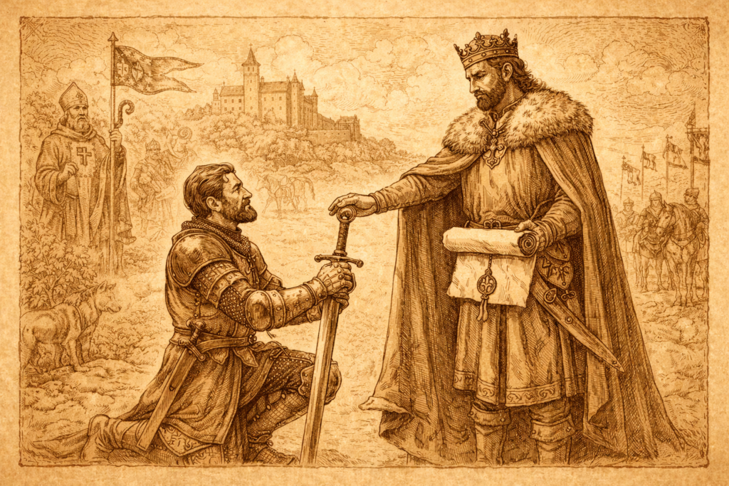 Lenník Lenník skládající lenní přísahu před lenním pánem ve středověku