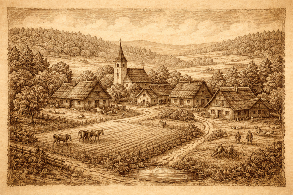 Lhota Středověká kolonizační vesnice Lhota s usedlostmi, poli a kostelem