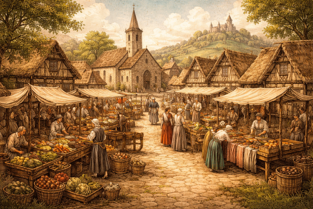 Městec Středověký městec s tržištěm, kostelem a řemeslnickými domy