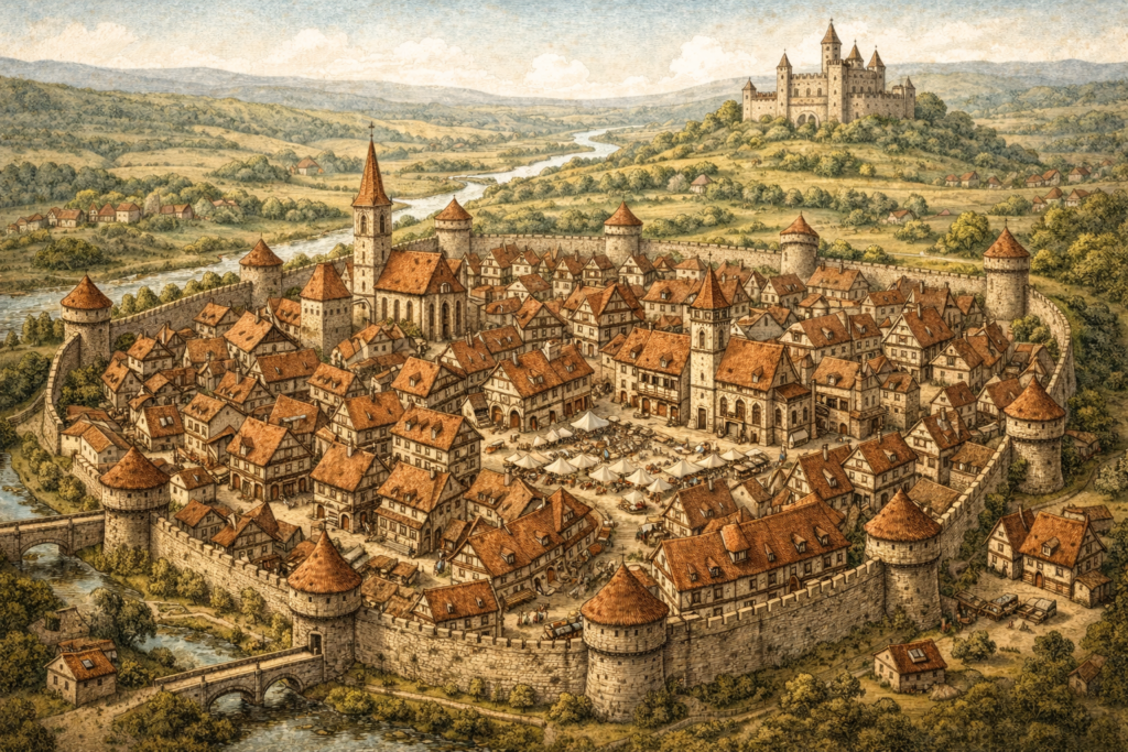 Město Středověké město s hradbami, náměstím a kostelem