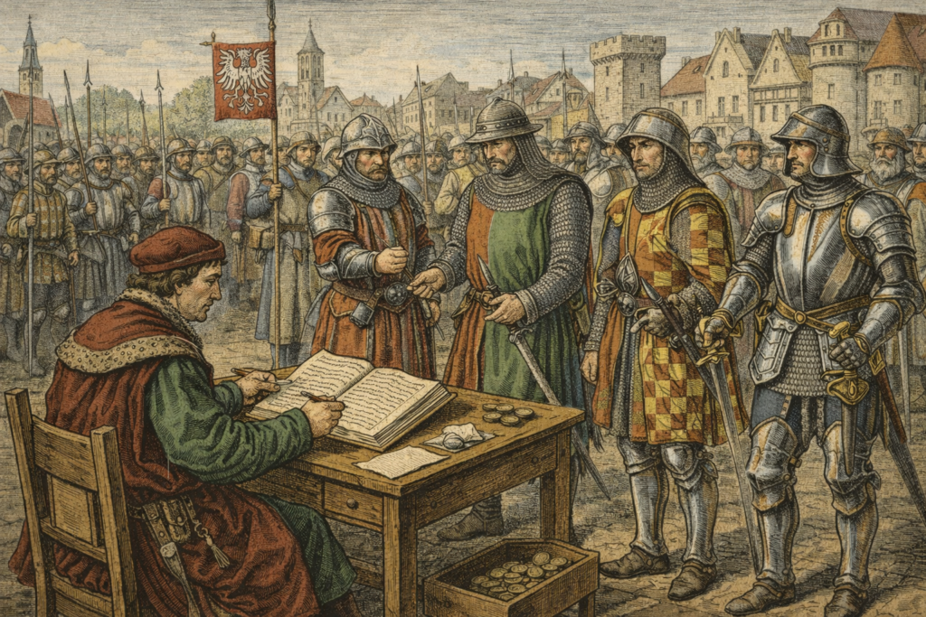 Mustrher Vojenská přehlídka zemské hotovosti pod dohledem mustrhera