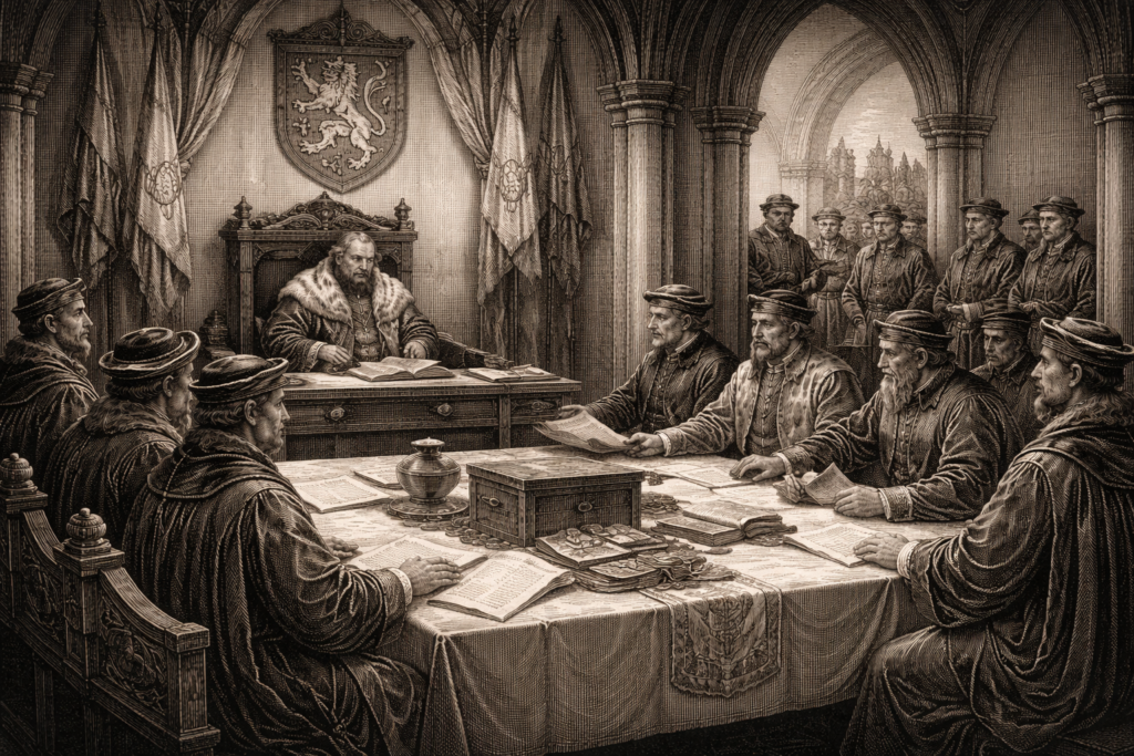 Nejvyšší dvorský sudí Jednání dvorského soudu v Českém království, historická rytina