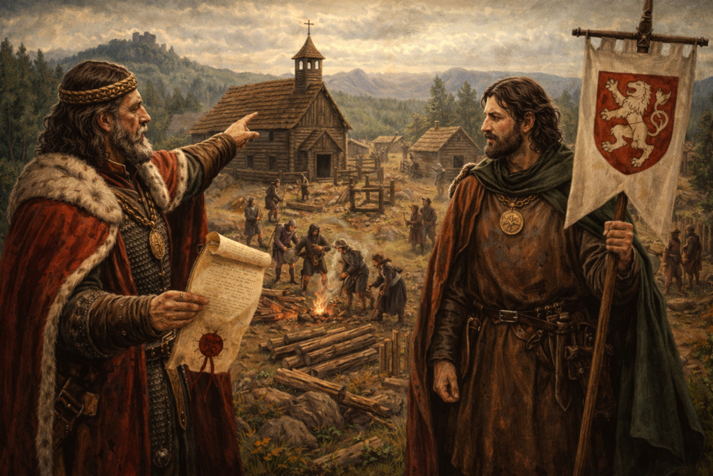 Pošlost Symbolické zobrazení vzniku sídla jako pošlosti.