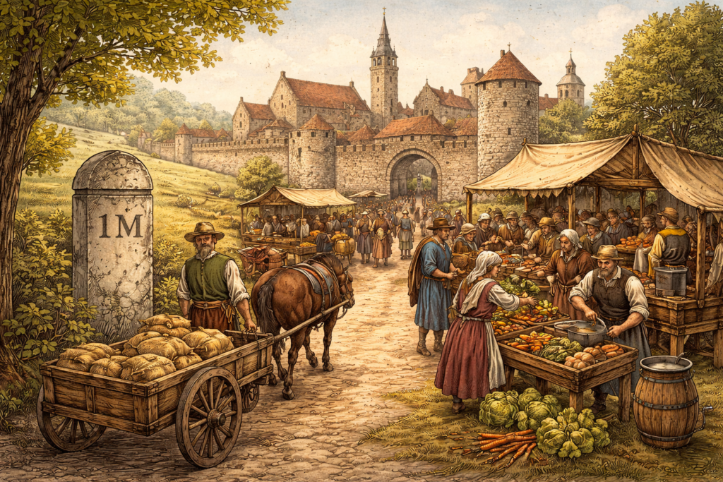 Právo mílové Středověké město a jeho okolí jako prostor působnosti mílového práva.