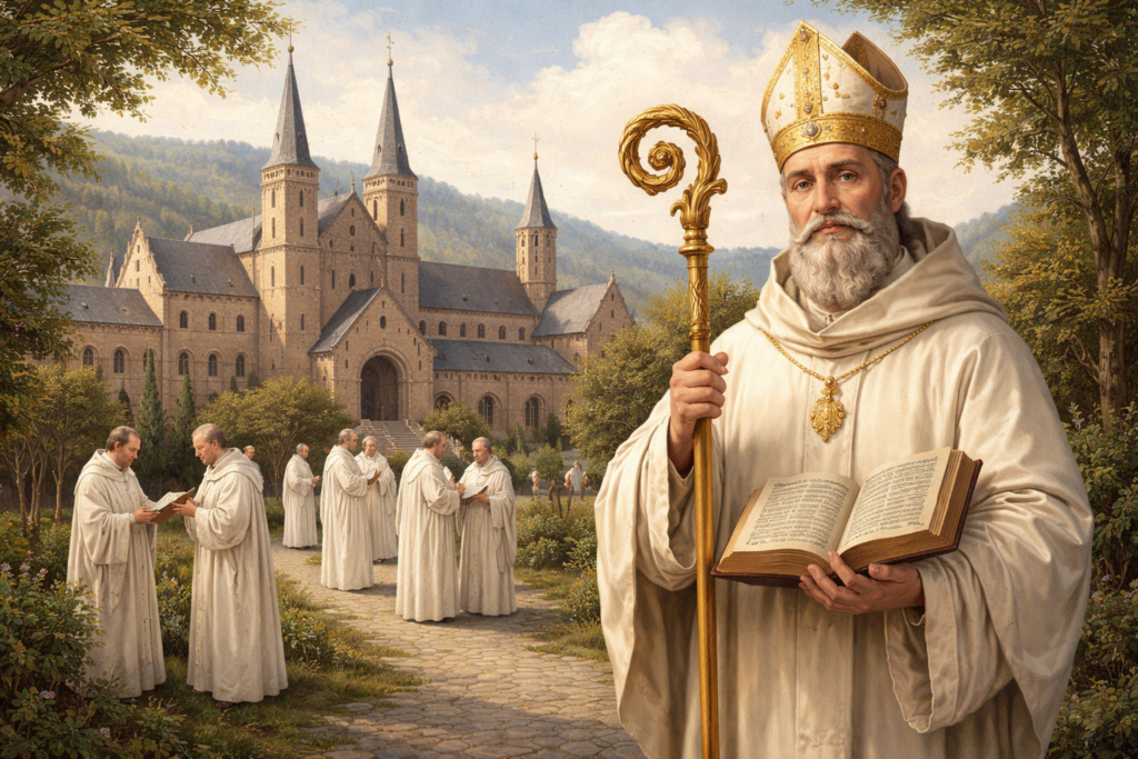 Premonstrátský řeholní kanovník v bílém hábitu před klášterním areálem