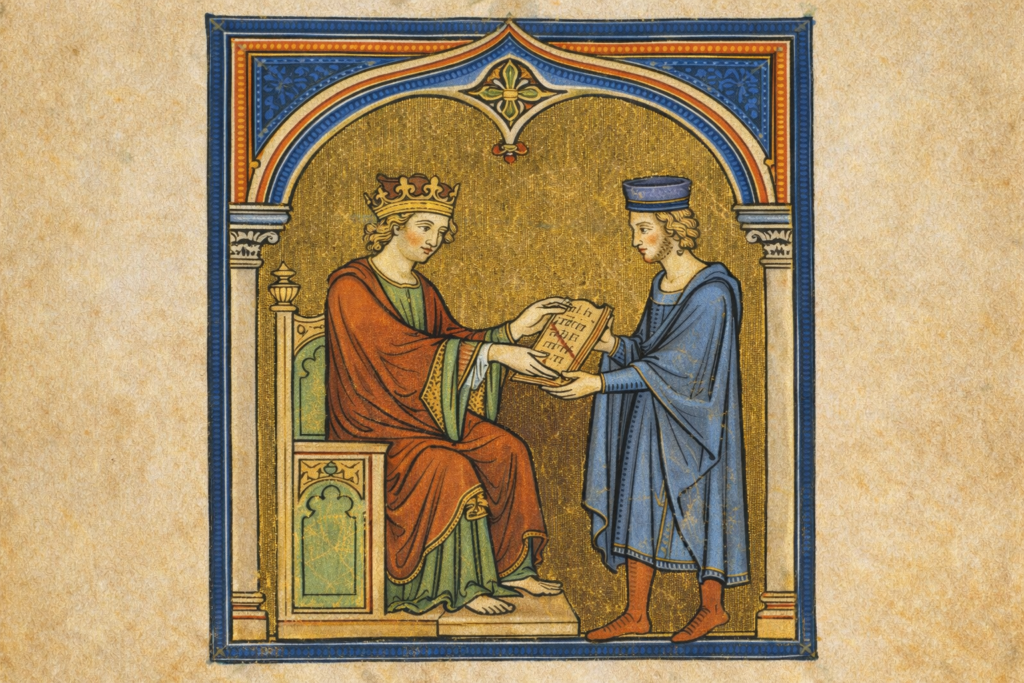 Saské zrcadlo Iluminovaný rukopis Saského zrcadla zobrazující předání právní knihy, symbol středověkého zemského a lenního práva v saské oblasti.