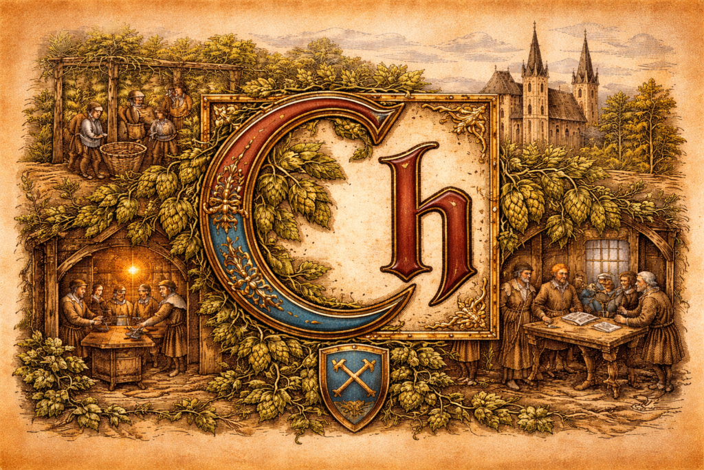 Iluminovaná iniciála Ch v historickém stylu – ilustrace ke Slovníku Ch projektu Historie ke kávě