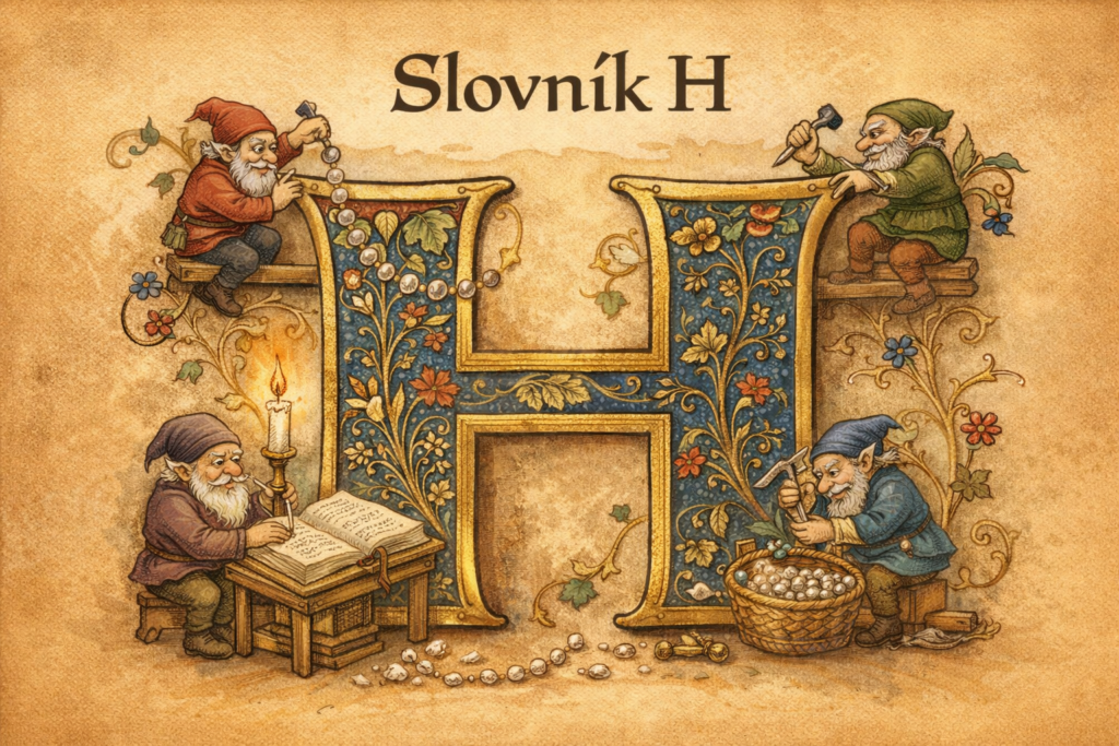 Slovník H Slovník H – ilustrační iniciála písmene H v historickém stylu.