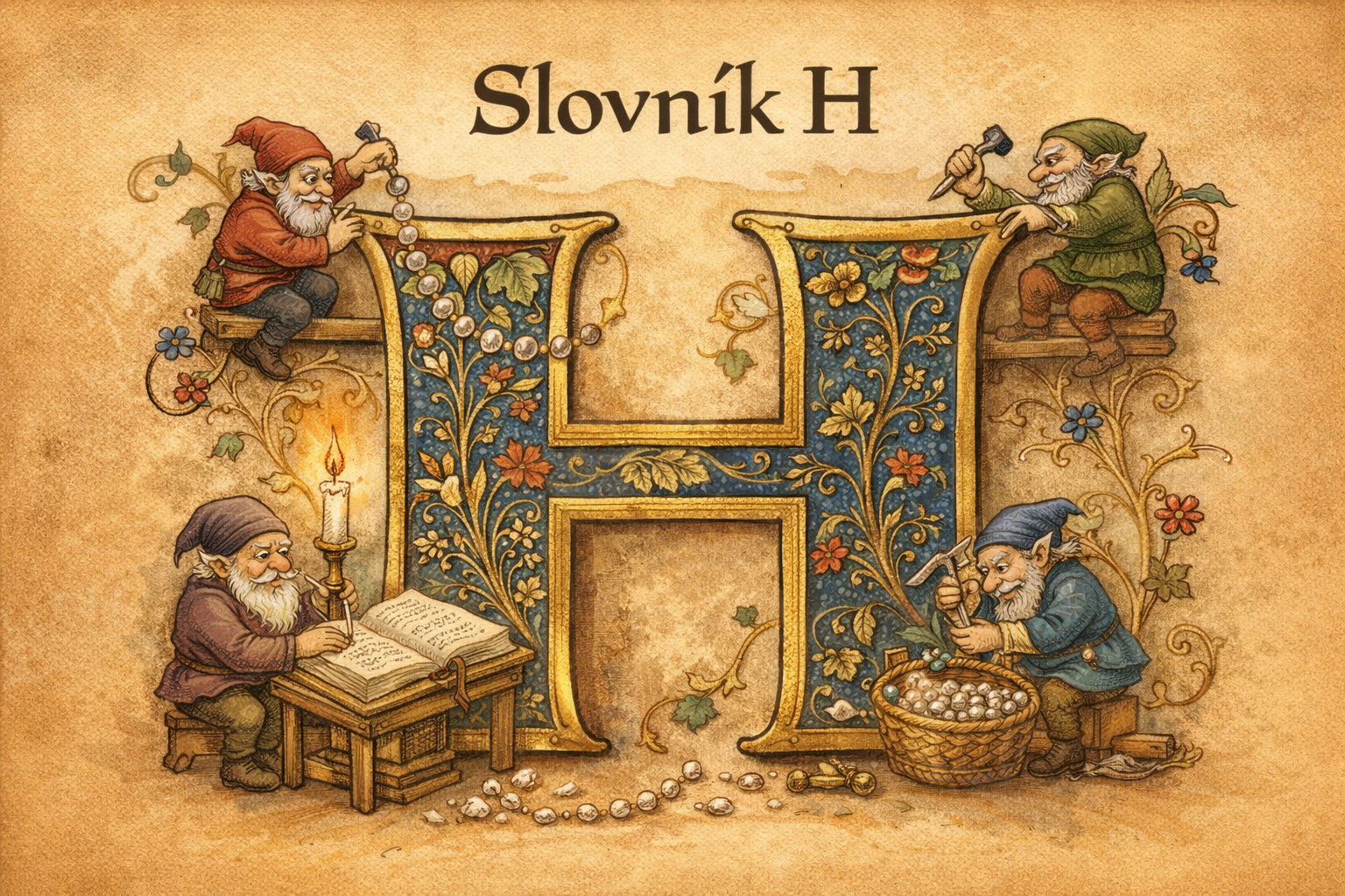 Slovník H – ilustrační iniciála písmene H v historickém stylu.