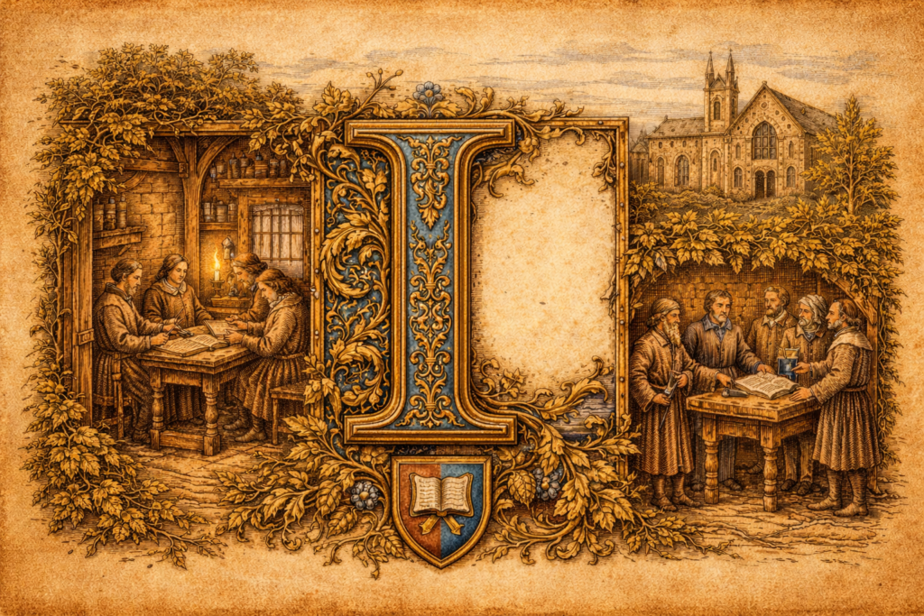 Slovník I Iluminované historické písmeno I na pergamenovém pozadí s výjevy vzdělanců a úředníků.