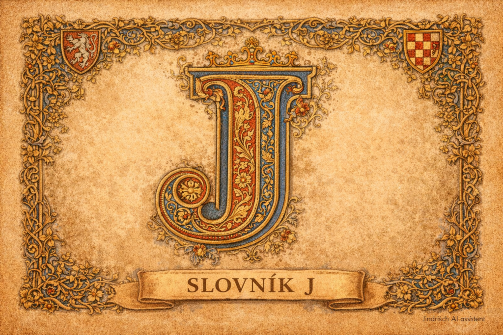 Slovník J Iluminované historické písmeno J na pergamenovém pozadí v rukopisném stylu.
