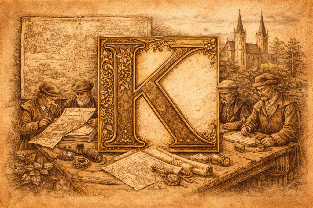 Slovník K Slovník KIluminovaná iniciála K na pergamenovém podkladu, obklopená písaři u stolů s mapami, listinami, pečetěmi a psacími nástroji v historickém stylu.