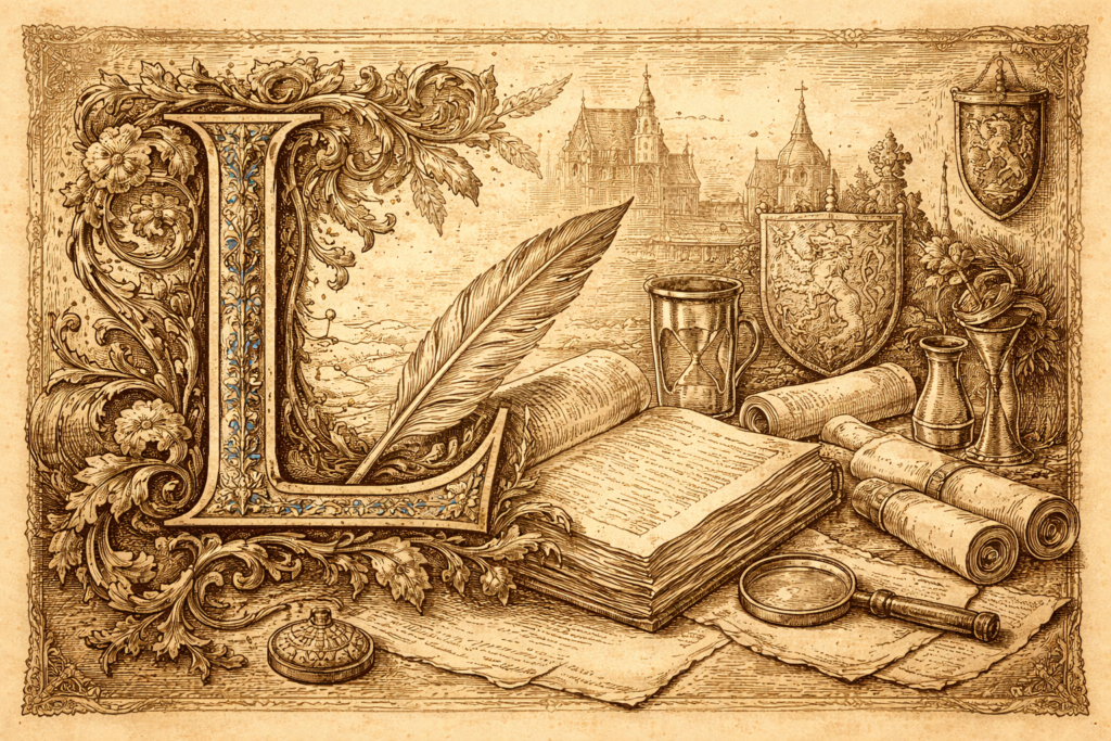 Slovník L Slovník L Středověká iluminace s knihami, listinami, perem a heraldickými symboly