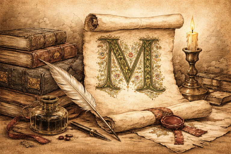 Slovník M -Iluminované písmeno M na pergamenu obklopené knihami a historickými předměty