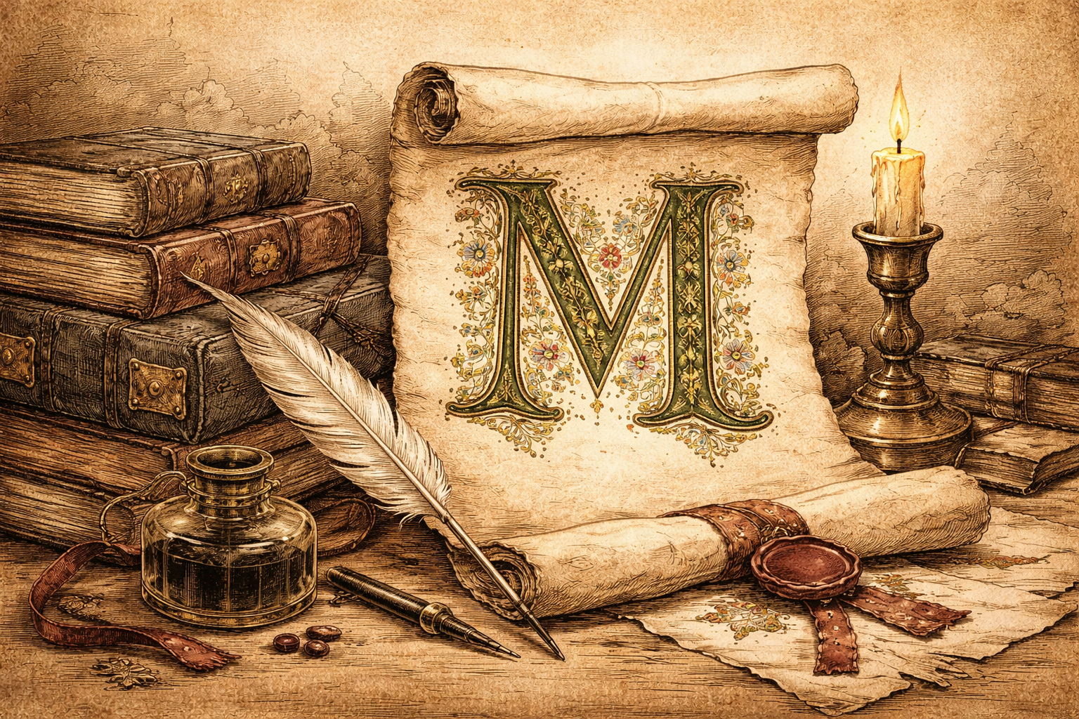 Slovník M -Iluminované písmeno M na pergamenu obklopené knihami a historickými předměty