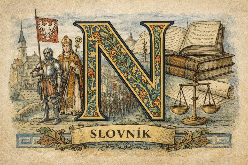 Slovník N Slovník N - Historická ilustrace knihy a pergamenu symbolizující encyklopedický slovník