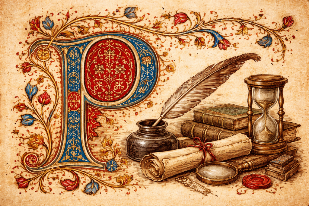 Slovník P Slovník P - iluminované písmeno P doplněné historickými předměty na pergamenu.