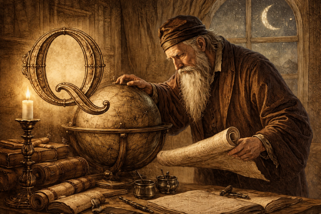 Slovník Q Slovník Q - Iluminované písmeno Q a středověký učenec ve studovně