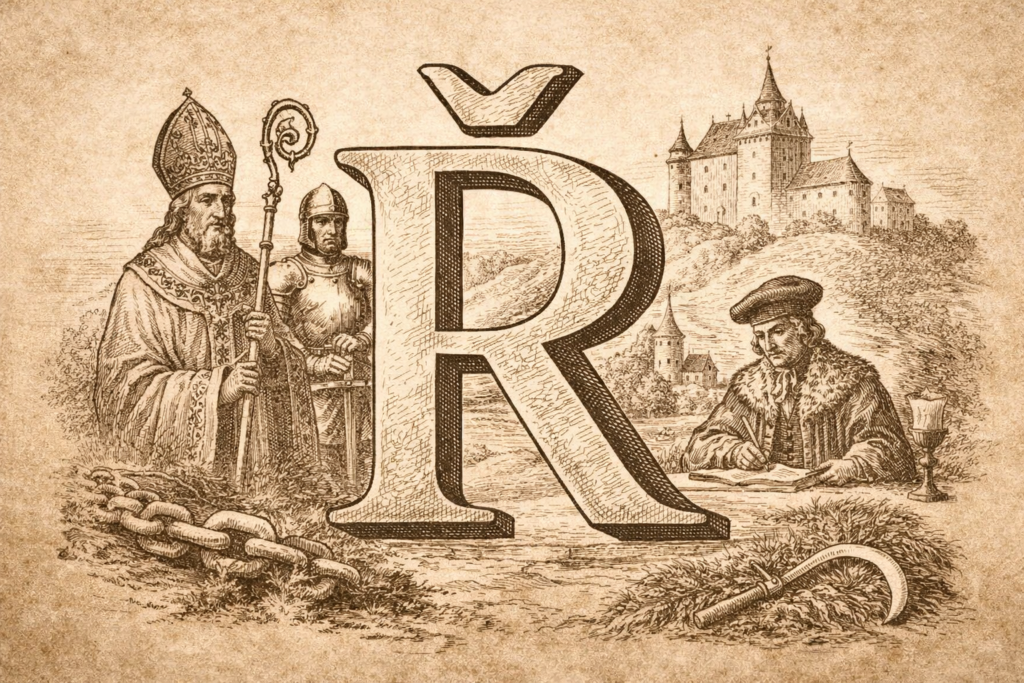 Ilustrace k historickému slovníku – iluminované písmeno Ř v rytinovém stylu se scénami středověké správy, práva a každodenního života.
