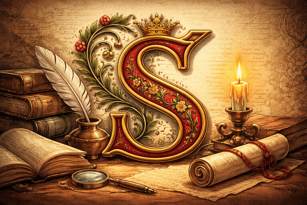 Slovník Š - Iluminované písmeno Š ve stylu středověkých rukopisů