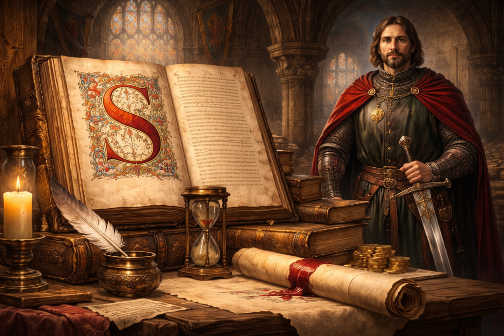 Slovník S Slovník S - Iluminovaný rukopis s iniciálou S ve středověké studovně