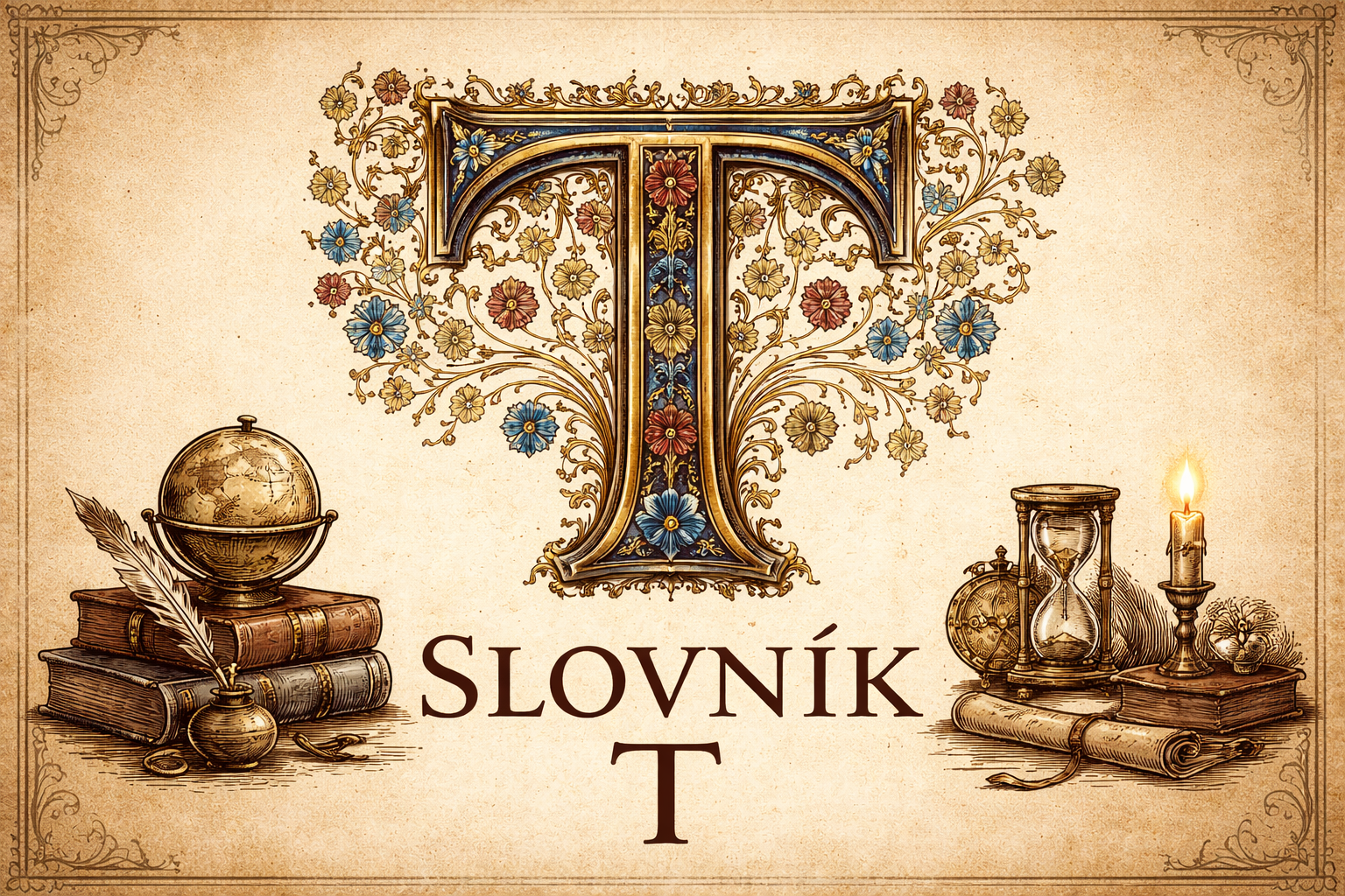Slovník T - Iluminované písmeno T ve stylu středověkých rukopisů