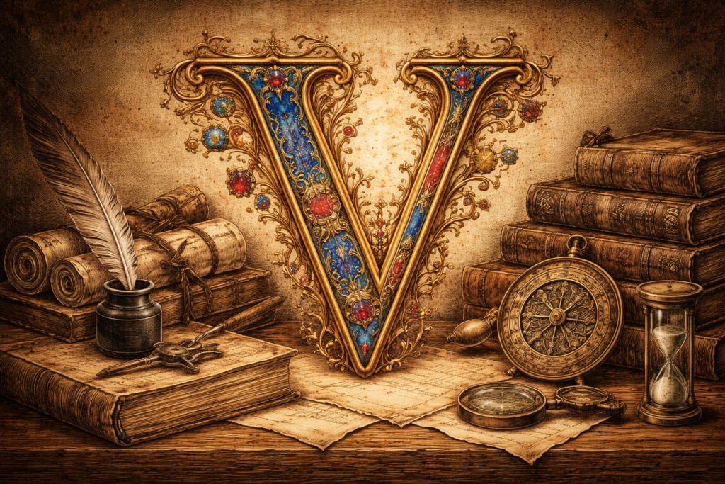 Slovník V Slovník V - Iluminované písmeno V s historickými písařskými a správními předměty