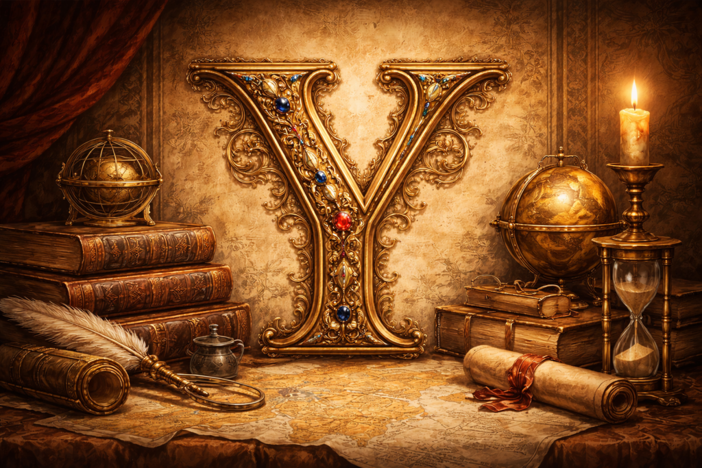 Slovník Y Slovník Y – ozdobné písmeno Y obklopené historickými knihami, listinami a učeneckými předměty