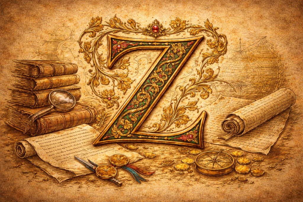 Slovník Ž – ozdobné písmeno Ž obklopené historickými knihami, listinami, mapami a mincemi