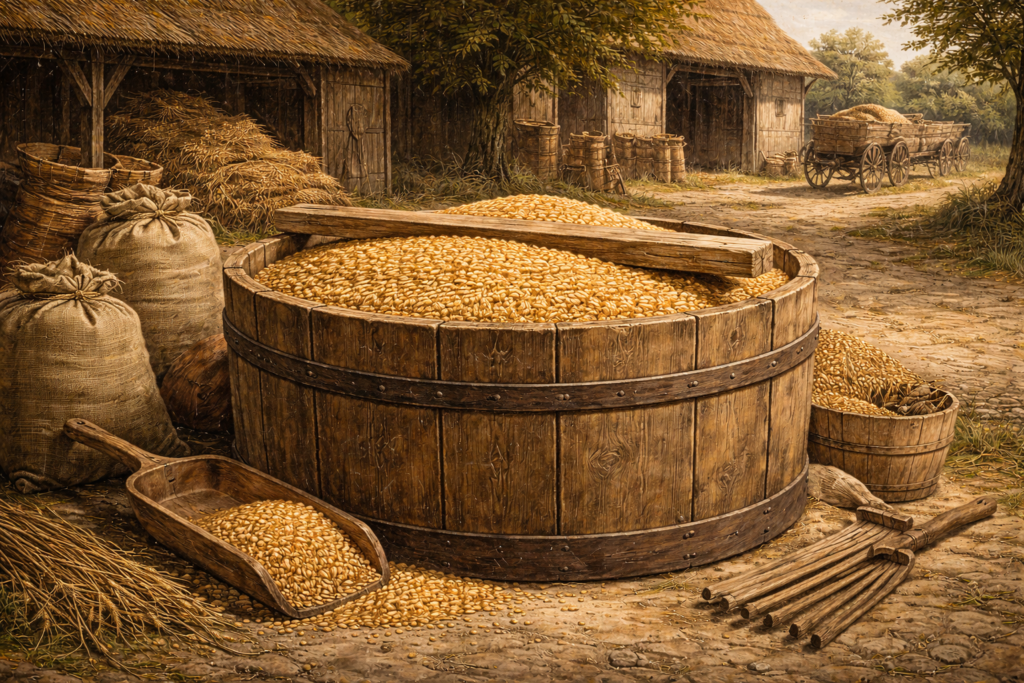 Strych Dřevěná nádoba se zrnem používaná jako strych