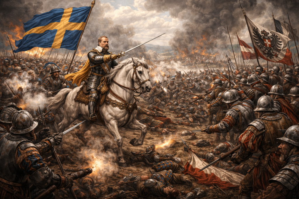 Symbolické zobrazení švédské fáze třicetileté války s králem Gustavem II. Adolfem