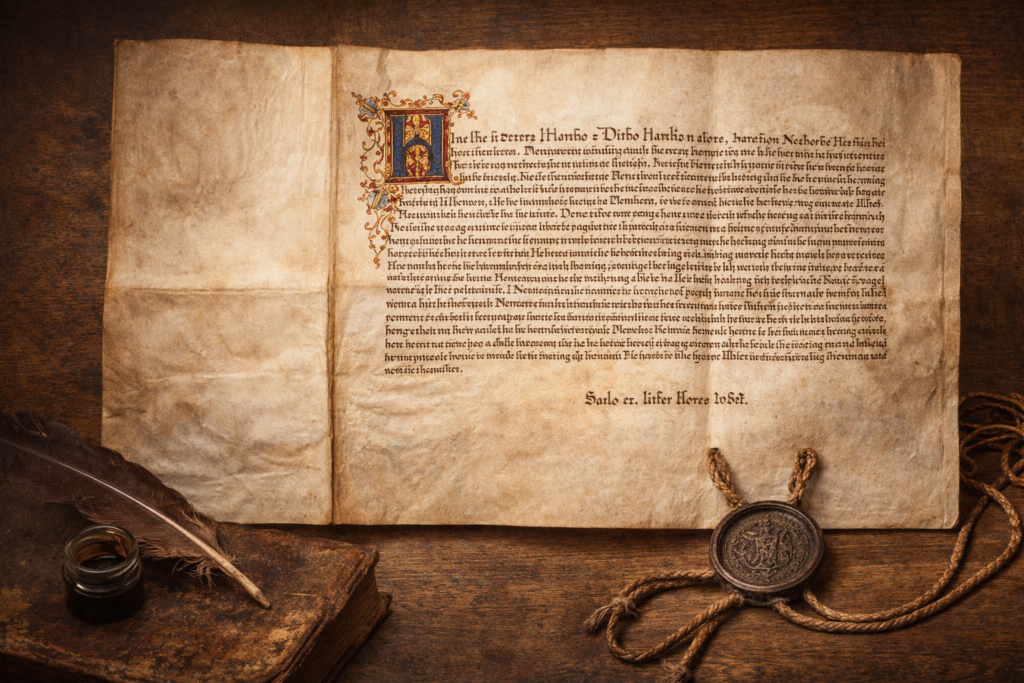 Ukázka smlouvy o nedílu Středověká listina na pergamenu s pečetí jako ukázka právního dokumentu