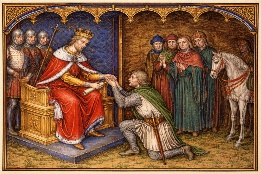 Vazal Vazal skládající lenní slib svému pánovi ve středověkém lenním obřadu