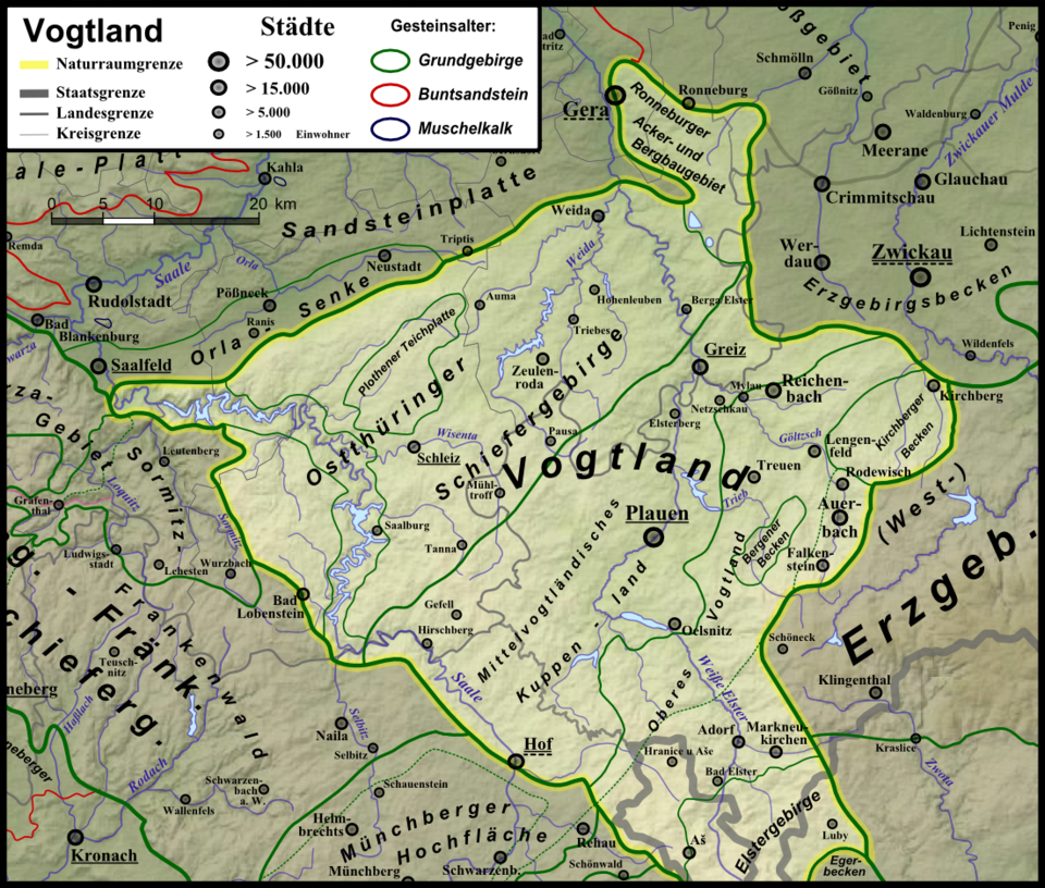 Vogtland Mapa historického regionu Vogtland (Fojtsko) ve střední Evropě