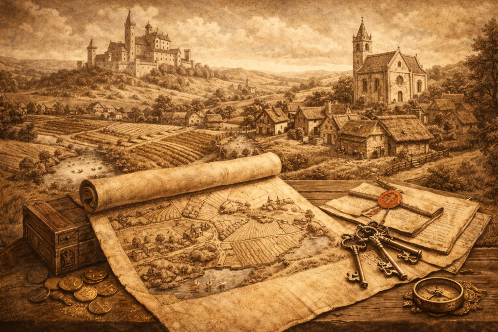 Zboží Zboží – středověký nemovitý majetek znázorněný krajinou s vesnicí, mapou pozemků a listinami