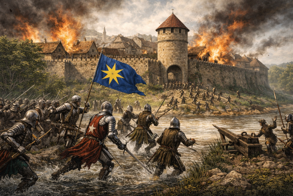 Ilustrační podoba vpádu vojsk Zdeňka ze Šternberka do Řečice roku 1463.